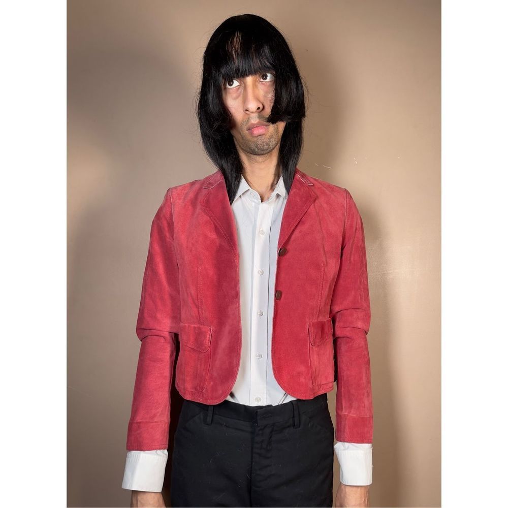 Vintage Red Leather Suede Blazer Pastel Business Women Coat Boho Y2K Casual Loun